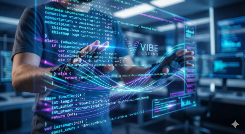 Futuristic software developer interacting with a holographic interface displaying code, data flows, and the Vibe Coding logo in a high-tech environment.