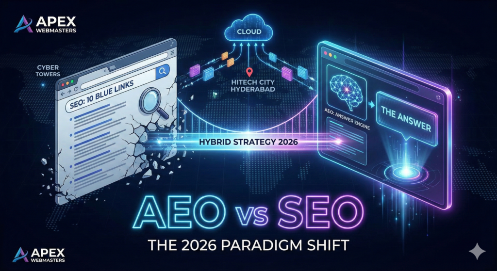 Futuristic illustration comparing traditional SEO (10 blue links) versus AEO (AI Answer Engine). The left shows a crumbling web browser; the right shows a holographic AI brain delivering a single answer. Text reads 'AEO vs SEO: The 2026 Paradigm Shift'. Background features a digital map of HITECH City Hyderabad.